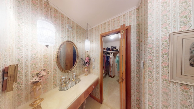 hallway with crown molding and lofted ceiling