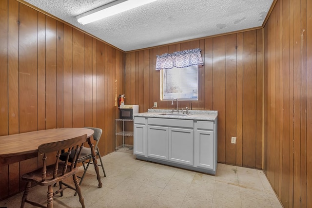 kitchen featuring sink, white cabinets, a textured ceiling, and wood walls