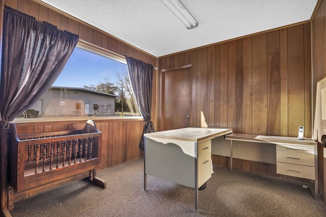 carpeted home office with a textured ceiling and wood walls