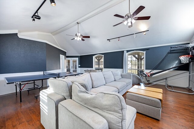 living room featuring ornamental molding, vaulted ceiling with beams, ceiling fan, and dark hardwood / wood-style floors