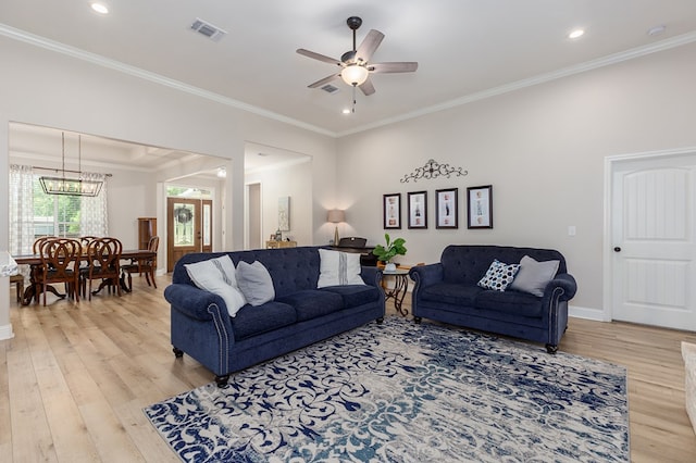 181 Rustic Pines Dr, Lufkin, TX 75904 - living area featuring light wood finished floors, a ceiling fan, crown molding, baseboards, and recessed lighting