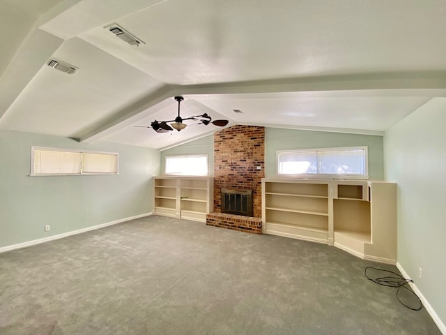 3759 Bethlehem Rd, Lufkin, TX 75904 - unfurnished living room featuring baseboards, ceiling fan, carpet floors, and a fireplace