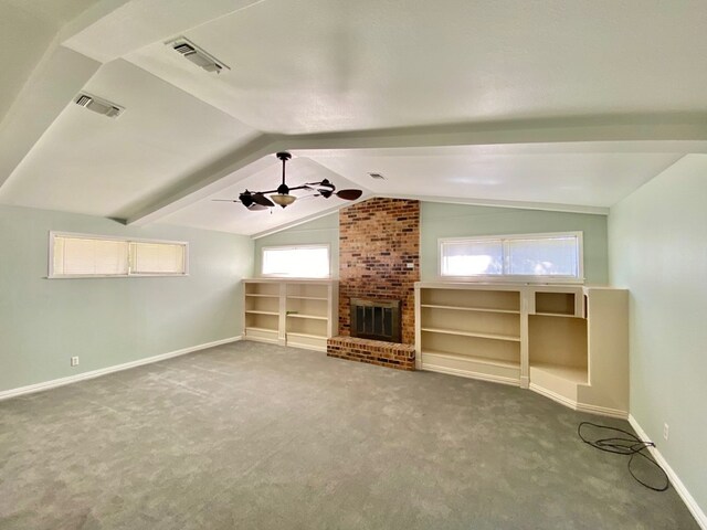 3759 Bethlehem Rd, Lufkin, TX 75904 - unfurnished living room featuring baseboards, ceiling fan, carpet floors, and a fireplace