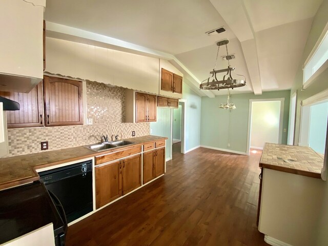 kitchen with dark wood-type flooring, black dishwasher, lofted ceiling with beams, backsplash, and decorative light fixtures