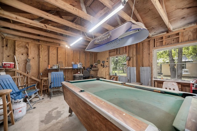 277 Mcclendon Rd, Lufkin, TX 75904 - recreation room featuring unfinished concrete floors, billiards table, and wooden walls