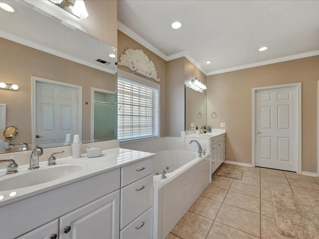 bathroom featuring separate shower and tub, tile patterned flooring, vanity, and ornamental molding