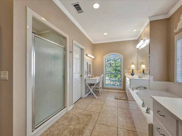 bathroom with tile patterned flooring, vanity, shower with separate bathtub, and ornamental molding