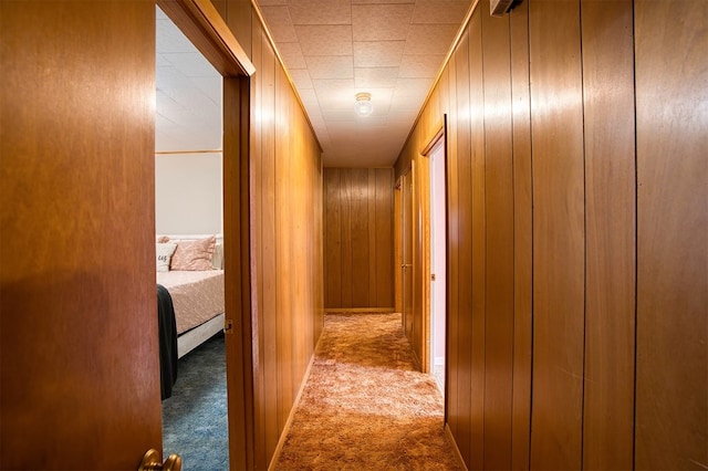 hallway featuring wooden walls and carpet