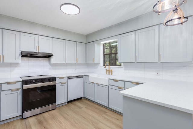 kitchen with sink, white dishwasher, stainless steel electric range, decorative backsplash, and light wood-type flooring