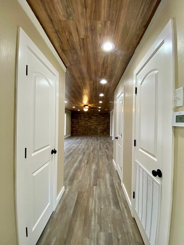 122 Otteson Ln, Lufkin, TX 75901 - hall with wooden ceiling, wood finished floors, recessed lighting, and ornamental molding