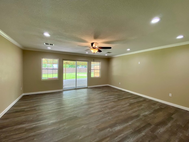 122 Otteson Ln, Lufkin, TX 75901 - spare room with crown molding, recessed lighting, a ceiling fan, dark wood-style floors, and a textured ceiling