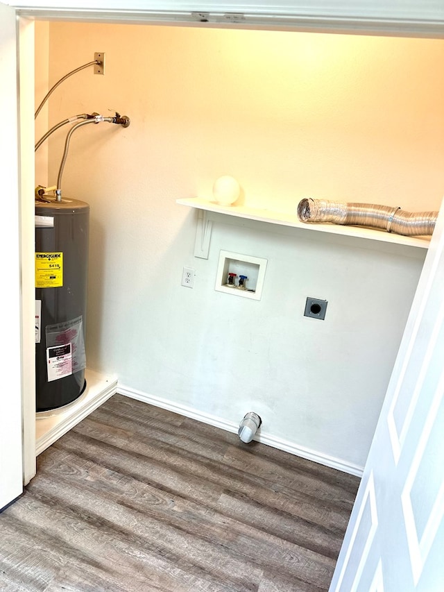 laundry area with hardwood / wood-style floors, electric dryer hookup, washer hookup, and water heater