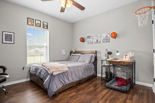 bedroom with baseboards, wood finished floors, and a ceiling fan