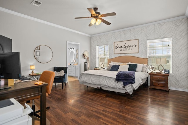 bedroom with wood finished floors, baseboards, visible vents, ceiling fan, and ornamental molding