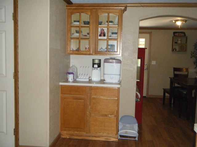 bar featuring ornamental molding and dark wood-type flooring