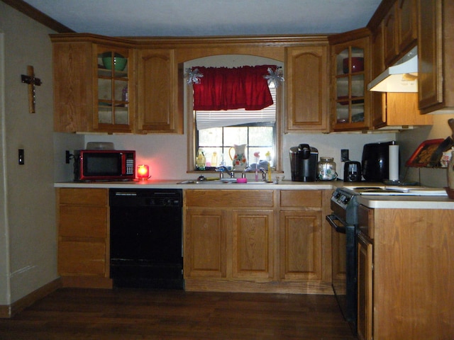 kitchen with black appliances, sink, and dark wood-type flooring