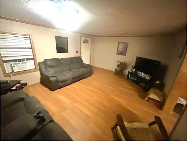 living room with hardwood / wood-style flooring and cooling unit