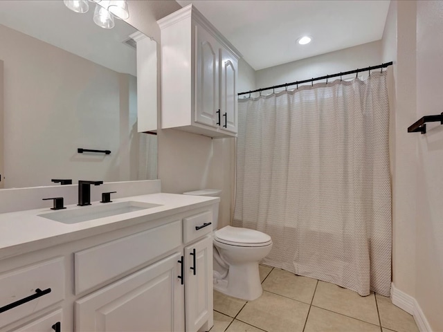 full bathroom with vanity, shower / bathtub combination with curtain, tile patterned floors, and toilet