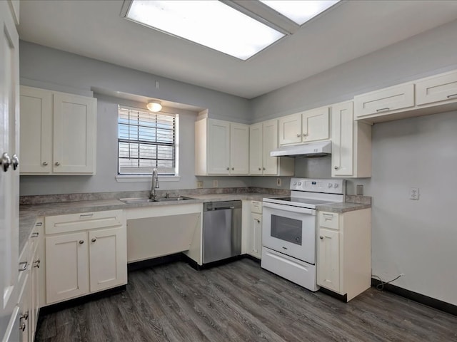 kitchen with white range with electric cooktop, a sink, under cabinet range hood, stainless steel dishwasher, and white cabinets