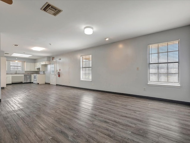 unfurnished living room featuring a sink, visible vents, baseboards, and dark wood-style floors