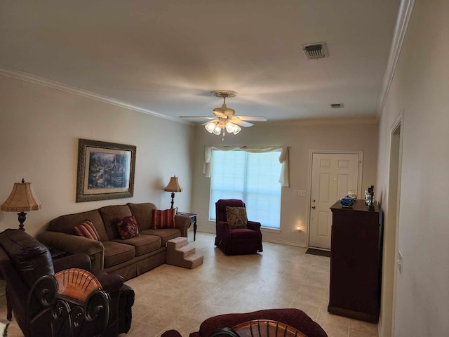 living room featuring crown molding, ceiling fan, and light tile patterned flooring