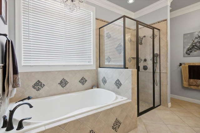 bathroom featuring shower with separate bathtub, tile patterned floors, a wealth of natural light, and crown molding