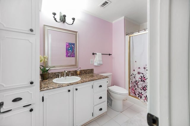 1514 Spanish Moss Dr, Lufkin, TX 75904 - full bath with toilet, vanity, tile patterned flooring, ornamental molding, and a shower with curtain