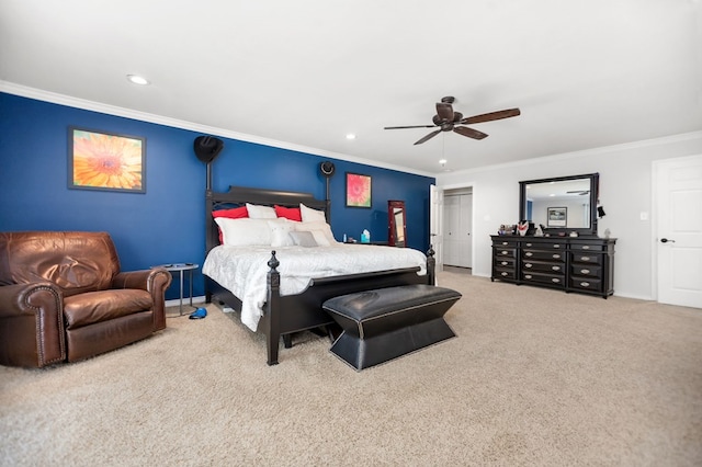 1514 Spanish Moss Dr, Lufkin, TX 75904 - carpeted bedroom with crown molding, ceiling fan, recessed lighting, baseboards, and a closet