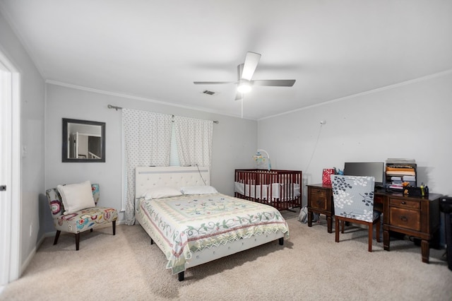 1514 Spanish Moss Dr, Lufkin, TX 75904 - bedroom featuring light colored carpet, crown molding, and ceiling fan