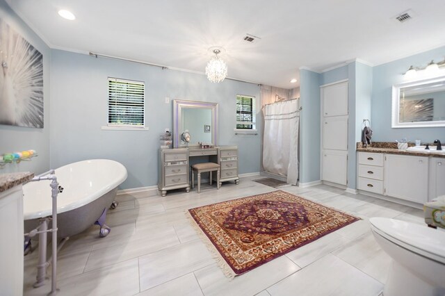1514 Spanish Moss Dr, Lufkin, TX 75904 - full bathroom with a shower with curtain, crown molding, baseboards, vanity, and a soaking tub