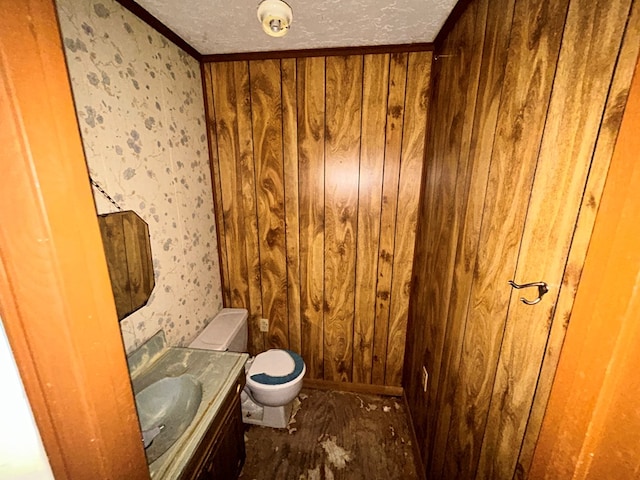 half bathroom with wood walls, vanity, a textured ceiling, and toilet