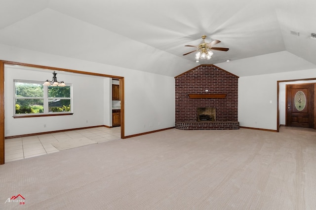 806 Cartwright, San Augustine, TX 75972 - unfurnished living room featuring lofted ceiling, ceiling fan, light carpet, baseboards, and light tile patterned floors