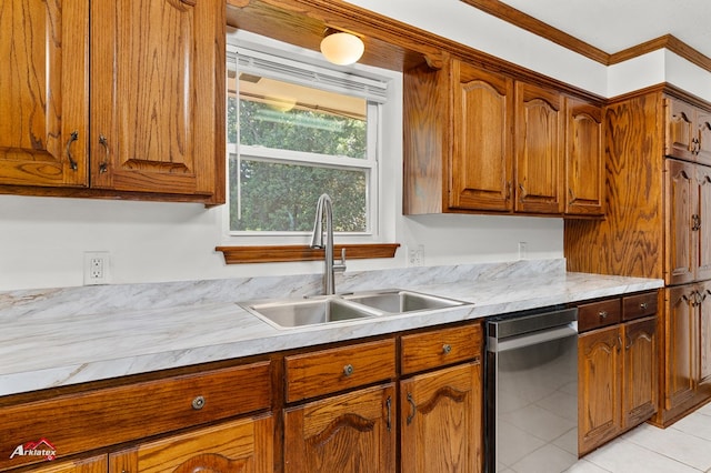 806 Cartwright, San Augustine, TX 75972 - kitchen with stainless steel dishwasher, a sink, light countertops, light tile patterned floors, and brown cabinets