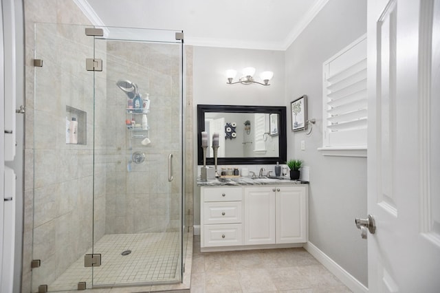 486 Brookwood Dr, Diboll, TX 75941 - full bath featuring vanity, ornamental molding, tile patterned flooring, baseboards, and a shower stall