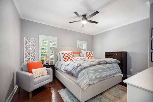 486 Brookwood Dr, Diboll, TX 75941 - bedroom featuring baseboards, ornamental molding, a ceiling fan, and hardwood / wood-style flooring