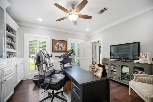 486 Brookwood Dr, Diboll, TX 75941 - office space with a ceiling fan, visible vents, crown molding, dark wood finished floors, and recessed lighting