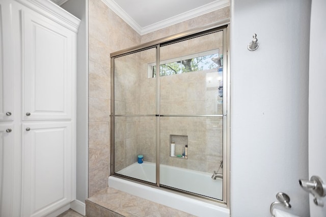486 Brookwood Dr, Diboll, TX 75941 - bathroom with combined bath / shower with glass door and ornamental molding
