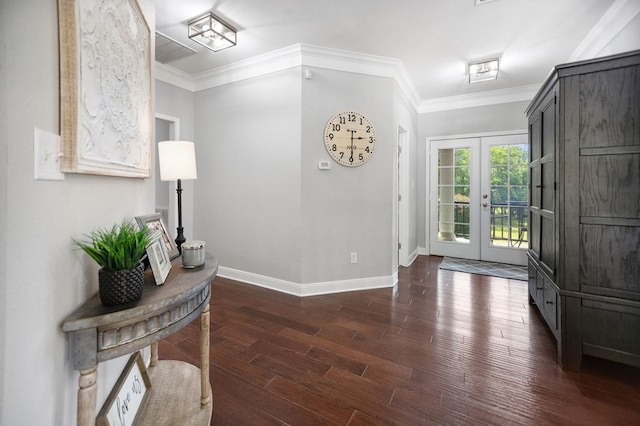 486 Brookwood Dr, Diboll, TX 75941 - foyer entrance featuring french doors, baseboards, dark wood-style floors, and ornamental molding