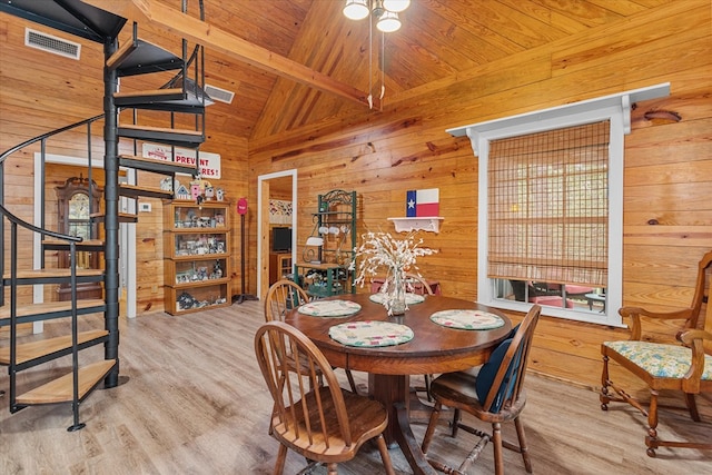 dining area with hardwood / wood-style floors, lofted ceiling with beams, wood ceiling, and a wealth of natural light