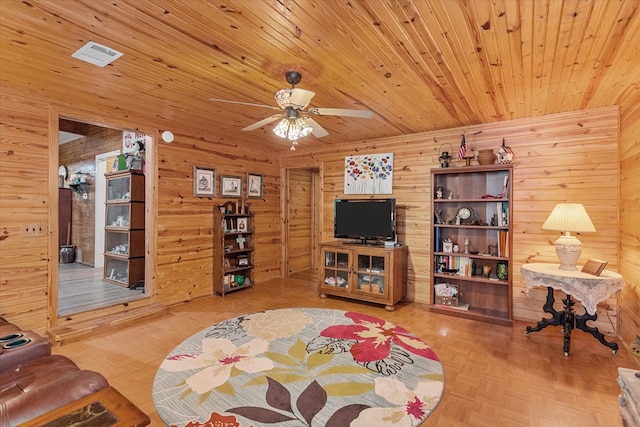 living room with parquet floors, wood ceiling, ceiling fan, and wood walls