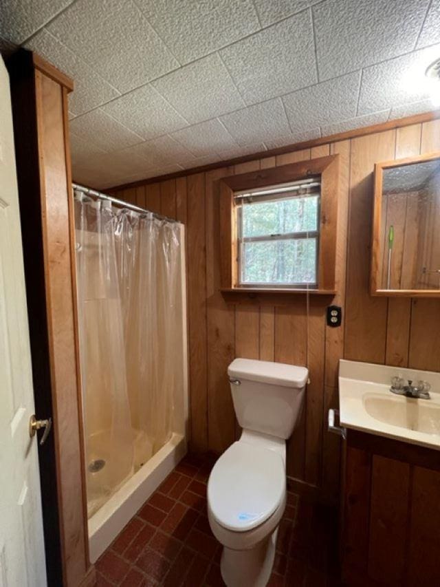 bathroom with a shower with curtain, toilet, vanity, and wooden walls