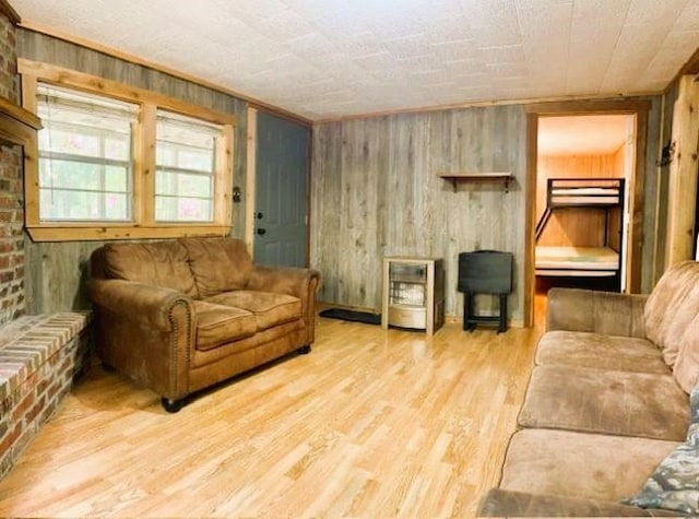 living room featuring wood walls and light hardwood / wood-style floors