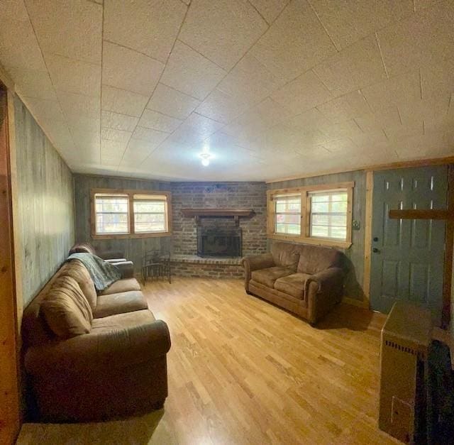 living room featuring a healthy amount of sunlight, a fireplace, and light hardwood / wood-style flooring