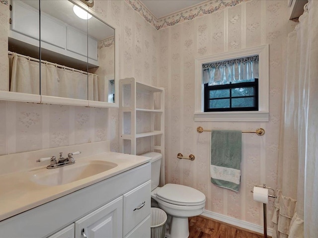 bathroom featuring hardwood / wood-style floors, vanity, and toilet