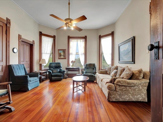 living room with ceiling fan and wood-type flooring