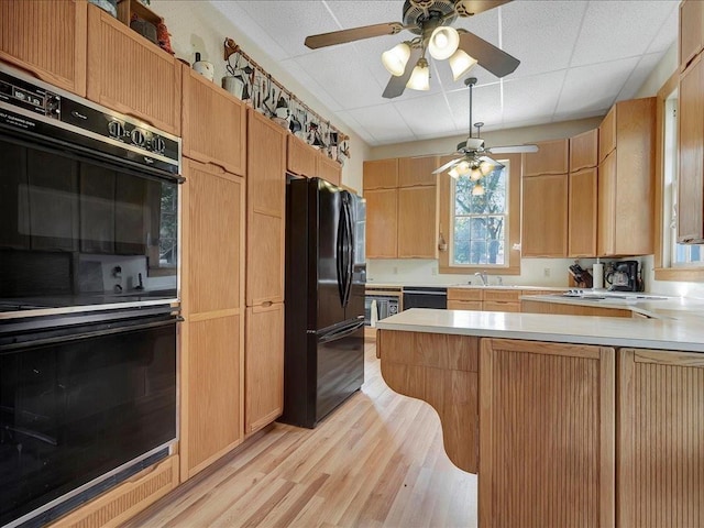 kitchen with light hardwood / wood-style floors and black appliances