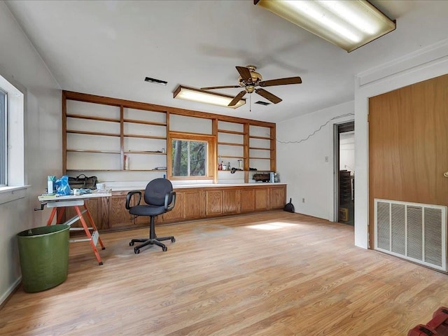 office area featuring ceiling fan and light hardwood / wood-style flooring