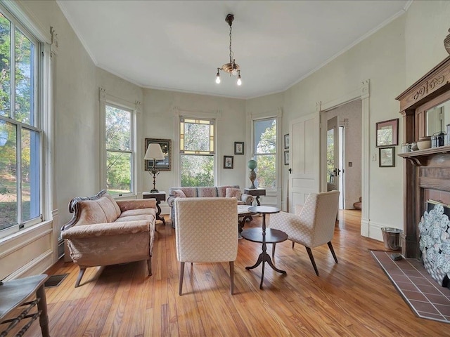 interior space featuring light hardwood / wood-style floors, ornamental molding, a fireplace, and a wealth of natural light