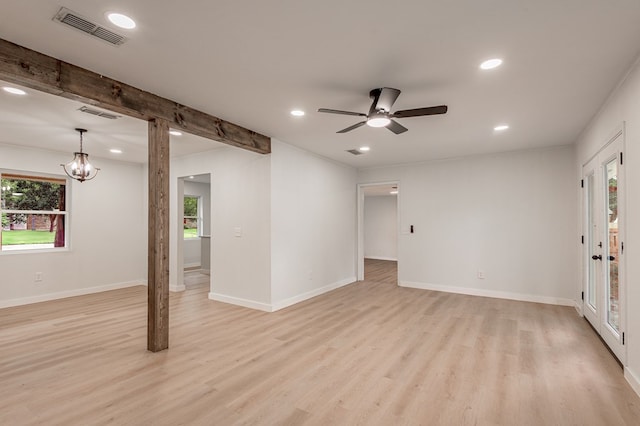 1311 Walnut Bend Dr, Lufkin, TX 75904 - spare room featuring recessed lighting, light wood finished floors, ceiling fan, a chandelier, and beamed ceiling