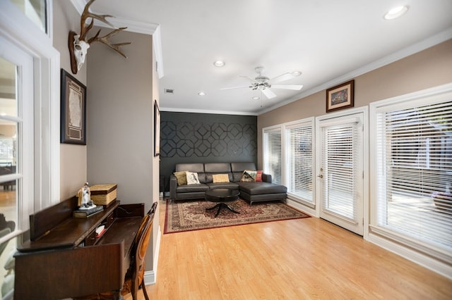 703 Shady Ln, Diboll, TX 75941 - living area with ornamental molding, light wood-style floors, ceiling fan, and recessed lighting